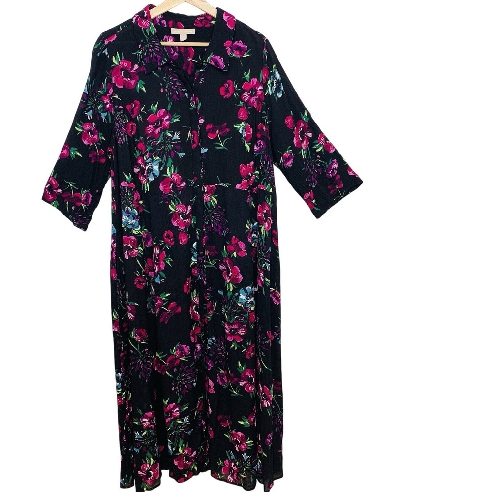Woman Within Gauzy Dark Floral Button Front Maxi Dress 20W Pockets Boho Office